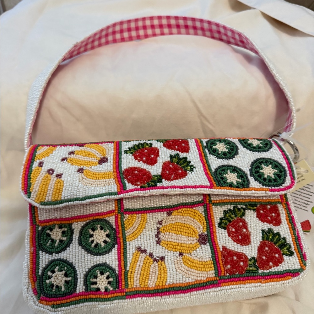 Beaded Fruit Patchwork Shoulder Bag - Pink Strap … - image 4